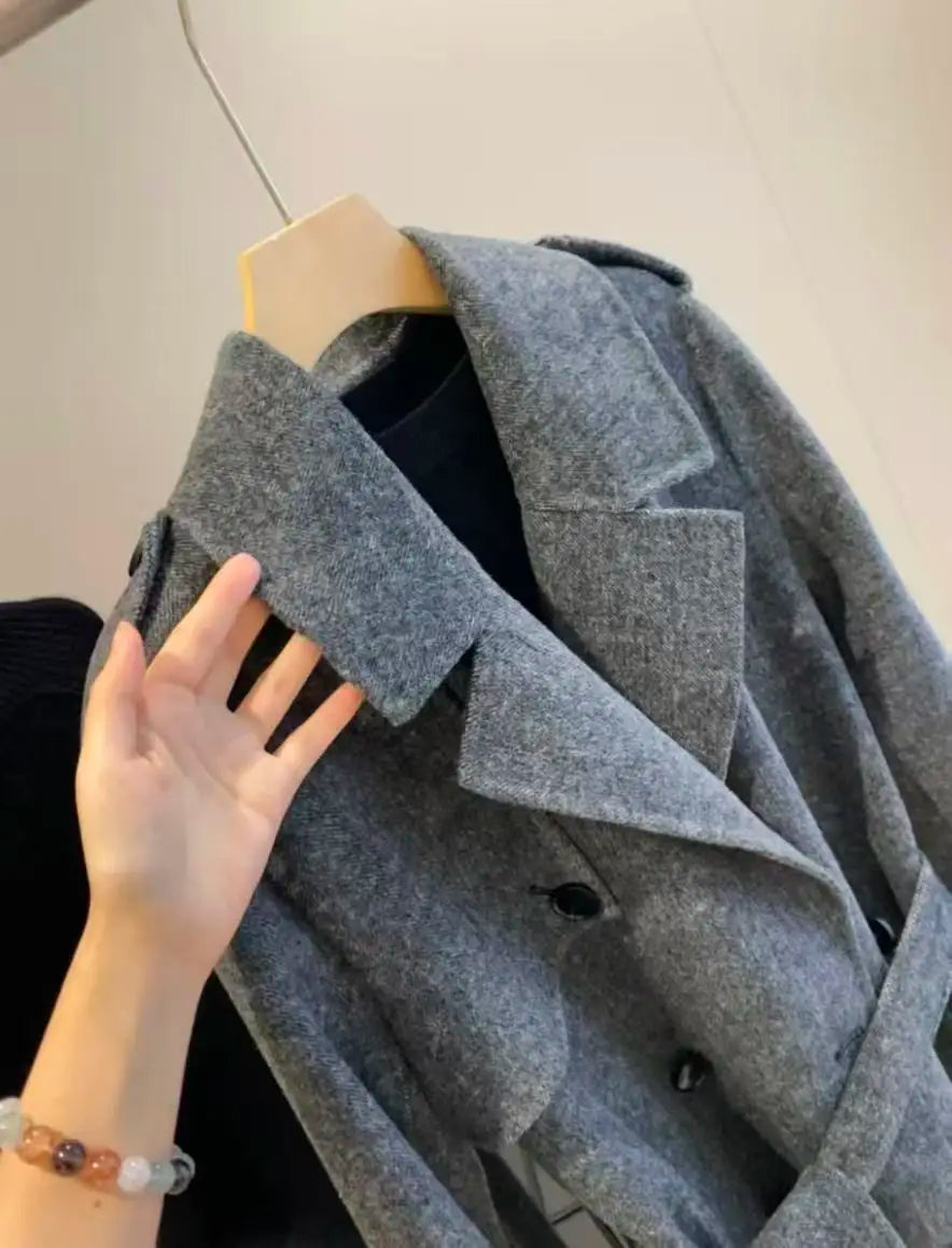 Grey Wool Blend Women's Long Coat with Belt