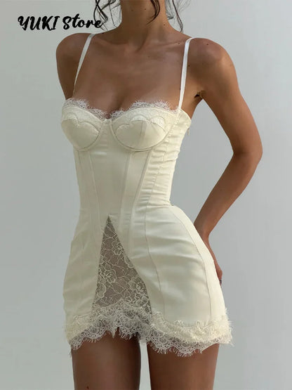 Women White Lace Trim Corset Mini Dress