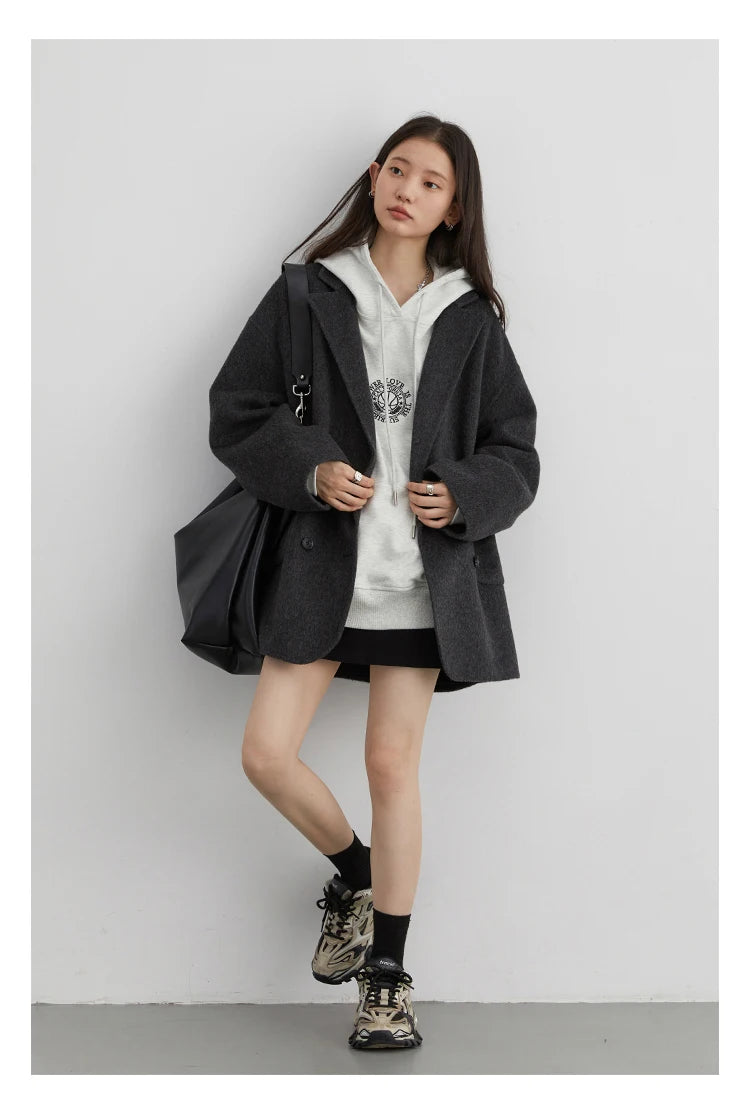 Women's Woolen Double Breasted Jacket Office Lady Outerwear