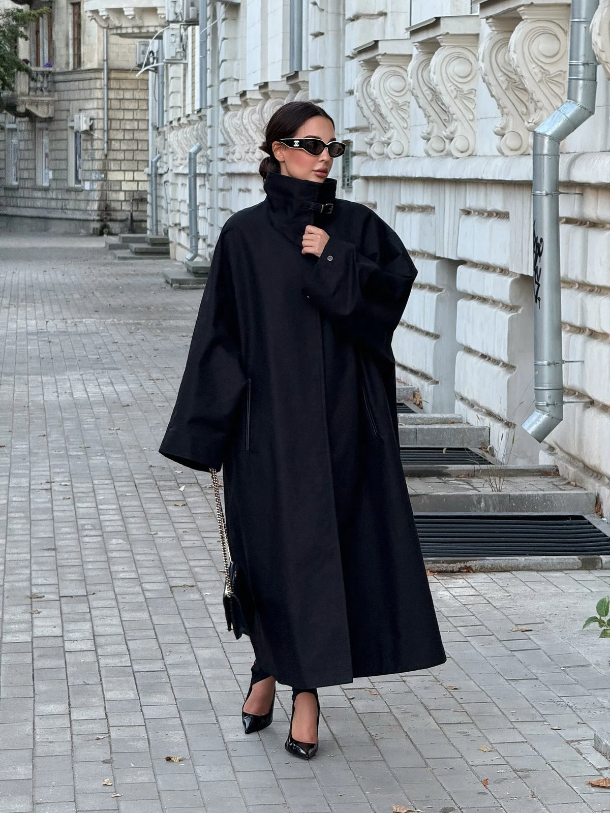 Green Oversized Belt Overcoat Women Long Sleeve Windbreaker
