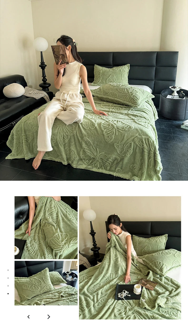 Coral Fleece Autumn Blanket with 3D Butterflies