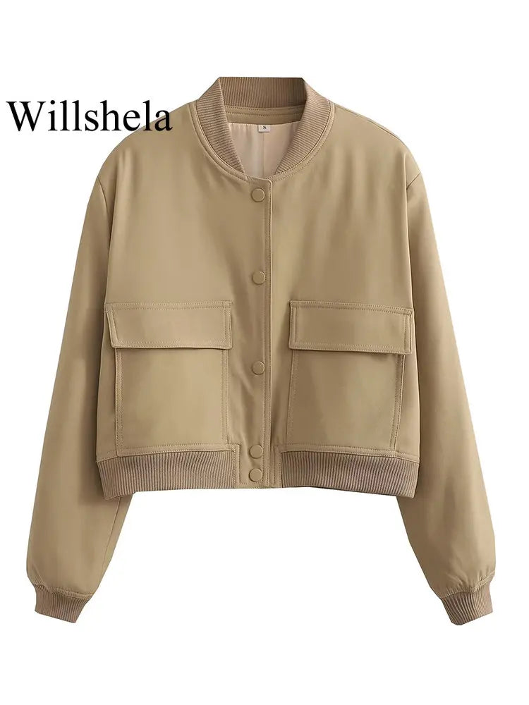 Willshela Women Solid V-Neck Bomber Jacket