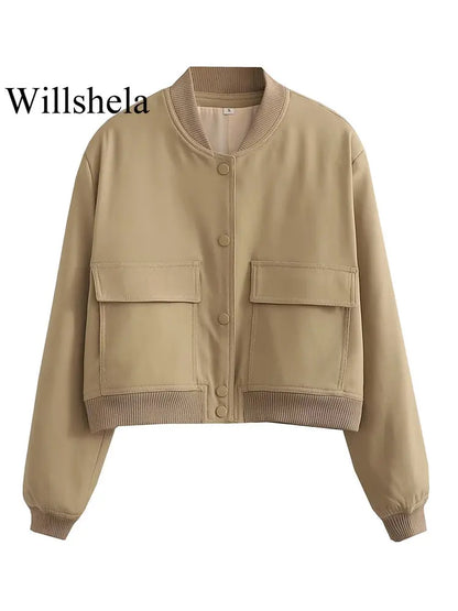 Willshela Women Solid V-Neck Bomber Jacket