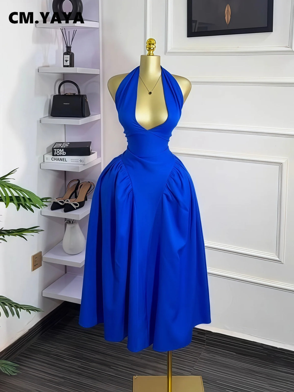 Women Halter V-neck Backless Maxi Dress Polyester