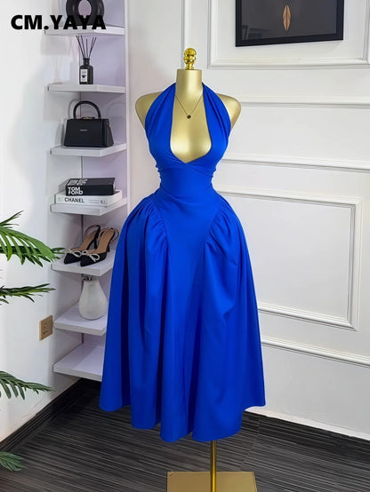 Women Halter V-neck Backless Maxi Dress Polyester