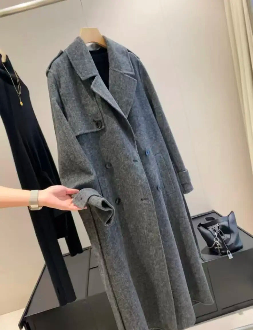 Grey Wool Blend Women's Long Coat with Belt