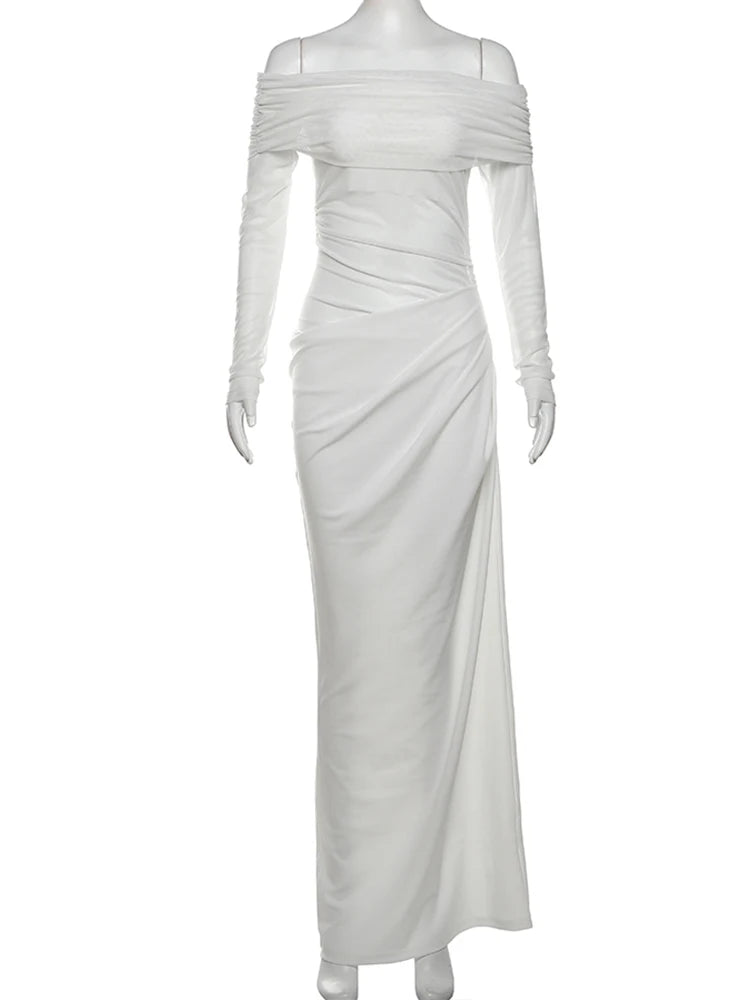 Elegant Slash Neck Ruched Mesh Dress for Women