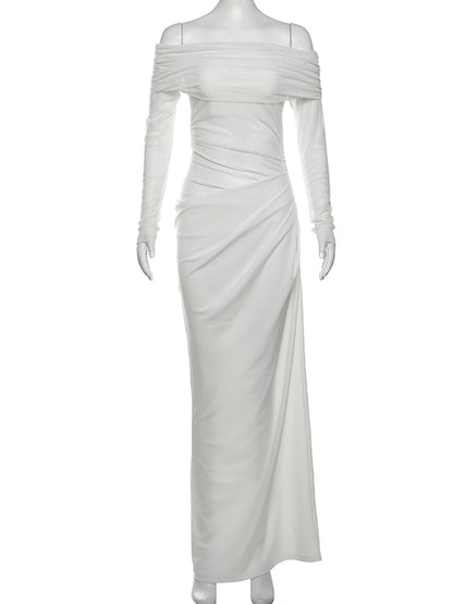 Elegant Slash Neck Ruched Mesh Dress for Women