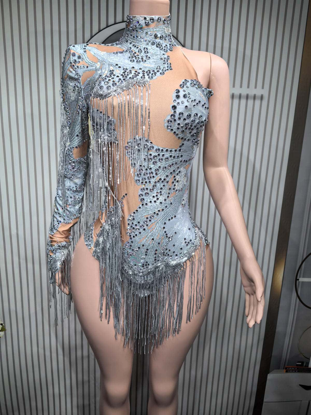 Rhinestone Tassel Elastic Bodysuit for Women