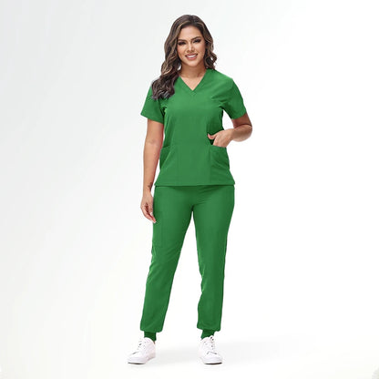 Stretchy V-Neck Nurse Scrub Set Jogger Pants
