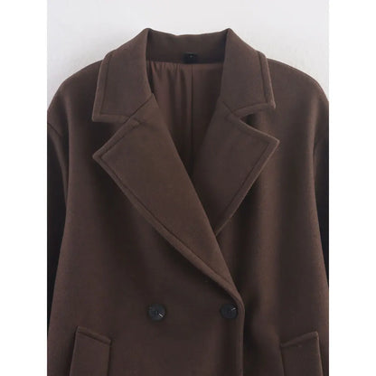 Brown Woolen Coat for Women with Notch Neck