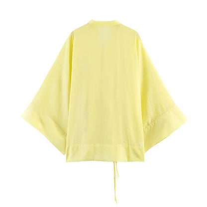 Women's Yellow Long Sleeve Shirt with Knot Decoration