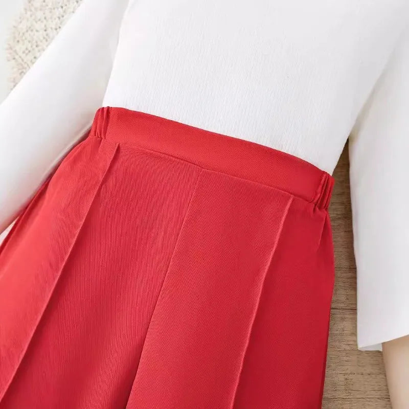 Girls White Long Sleeve Top Red Waistcoat Trousers Set