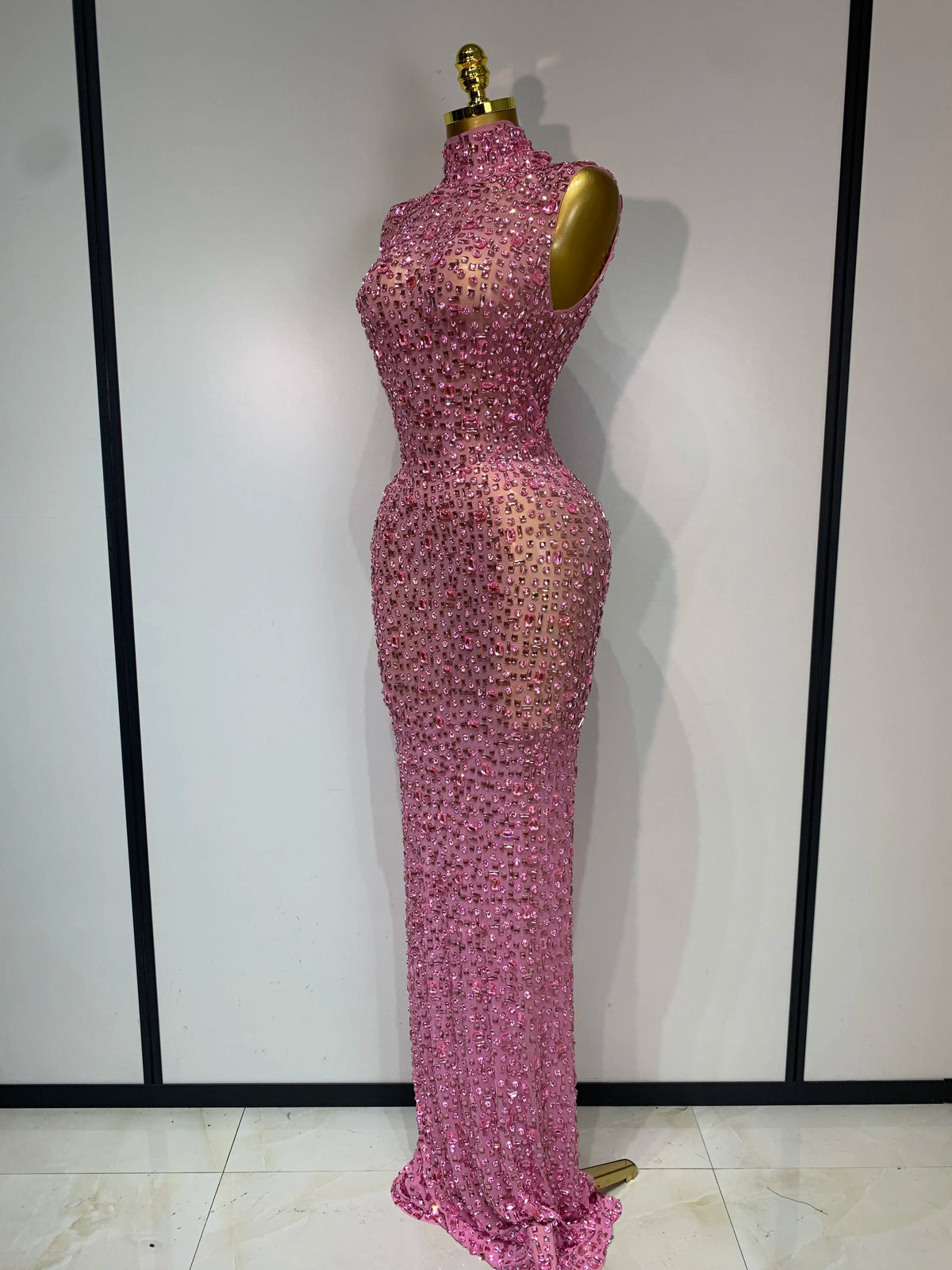 Gold Rhinestone Sleeveless Long Dress for Women