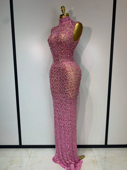 Gold Rhinestone Sleeveless Long Dress for Women