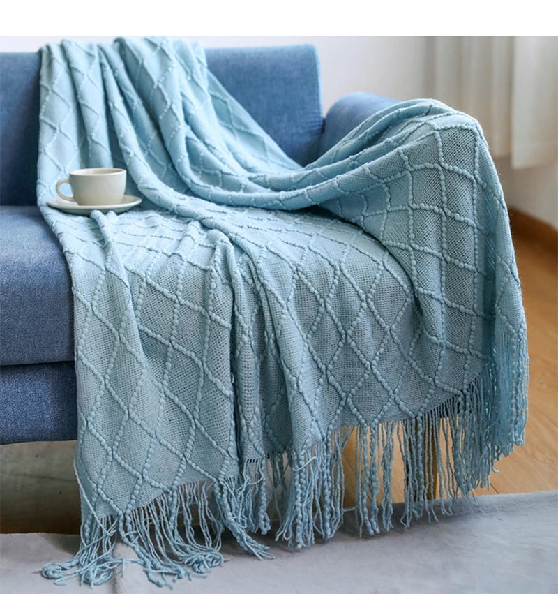 Khaki Knitted Acrylic Blanket with Tassels