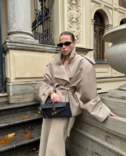Lapel Lace Up Trench Coat Women Casual Long Sleeve