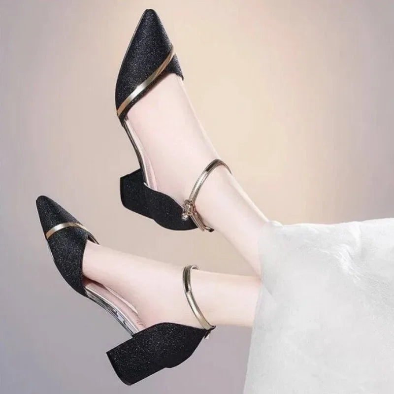 Black High-Heeled Shoes for Women - Silver and Gold