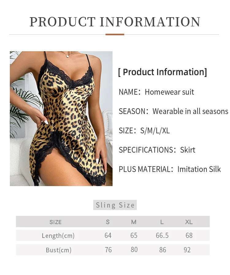 Leopard Silk Satin Nightgown with Lace Decoration
