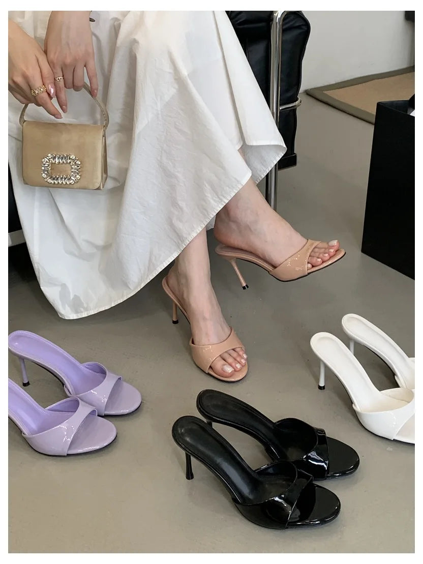 Thin High Heels Open Toe Slides Women Patent Leather Sandals