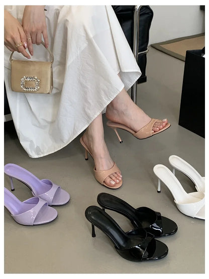 Thin High Heels Open Toe Slides Women Patent Leather Sandals