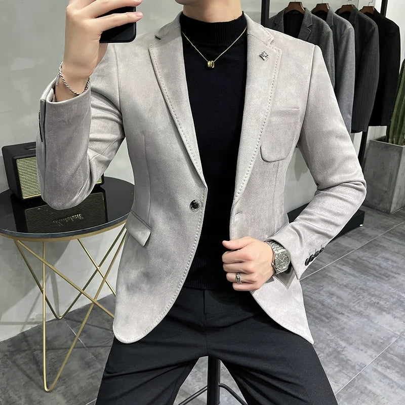 Men's Deerskin Fleece Blazer Single Button Suit Coat