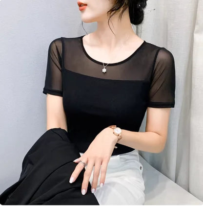 Women Slim Fit Long Sleeve Mesh T-Shirt