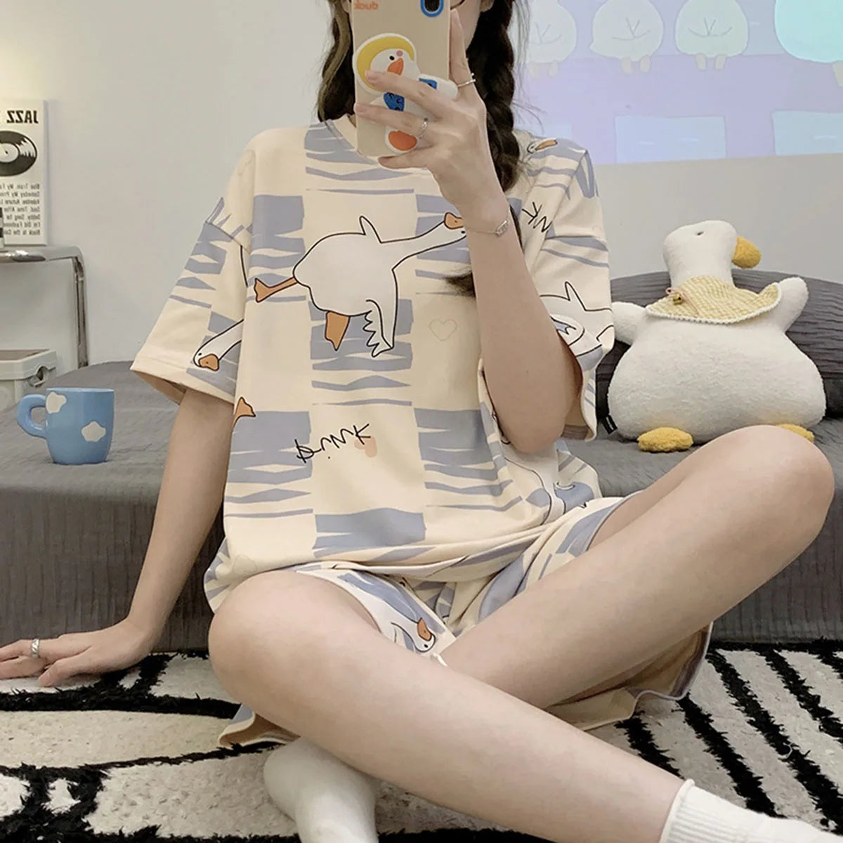 Women's Cartoon Bear Pajamas Set Summer Casual Sleepwear
