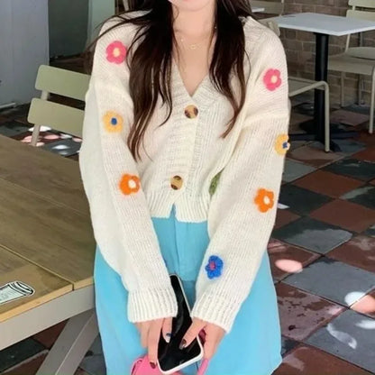 Applique Flower V-Neck Knit Cardigan for Women