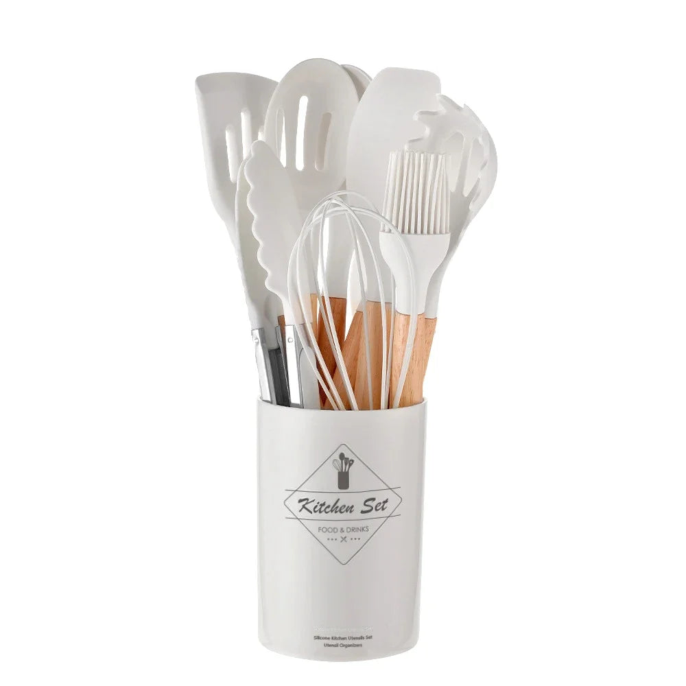 12 Piece Silicone Kitchen Utensils Set with Wooden Handle