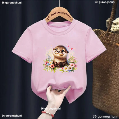 Kawaii Otter Love Printed T-Shirt for Kids