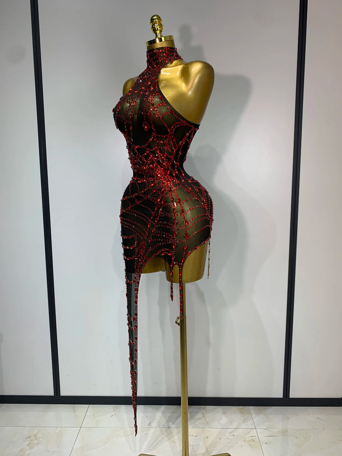 Black Mesh Crystal Diamond Bodycon Dress for Women