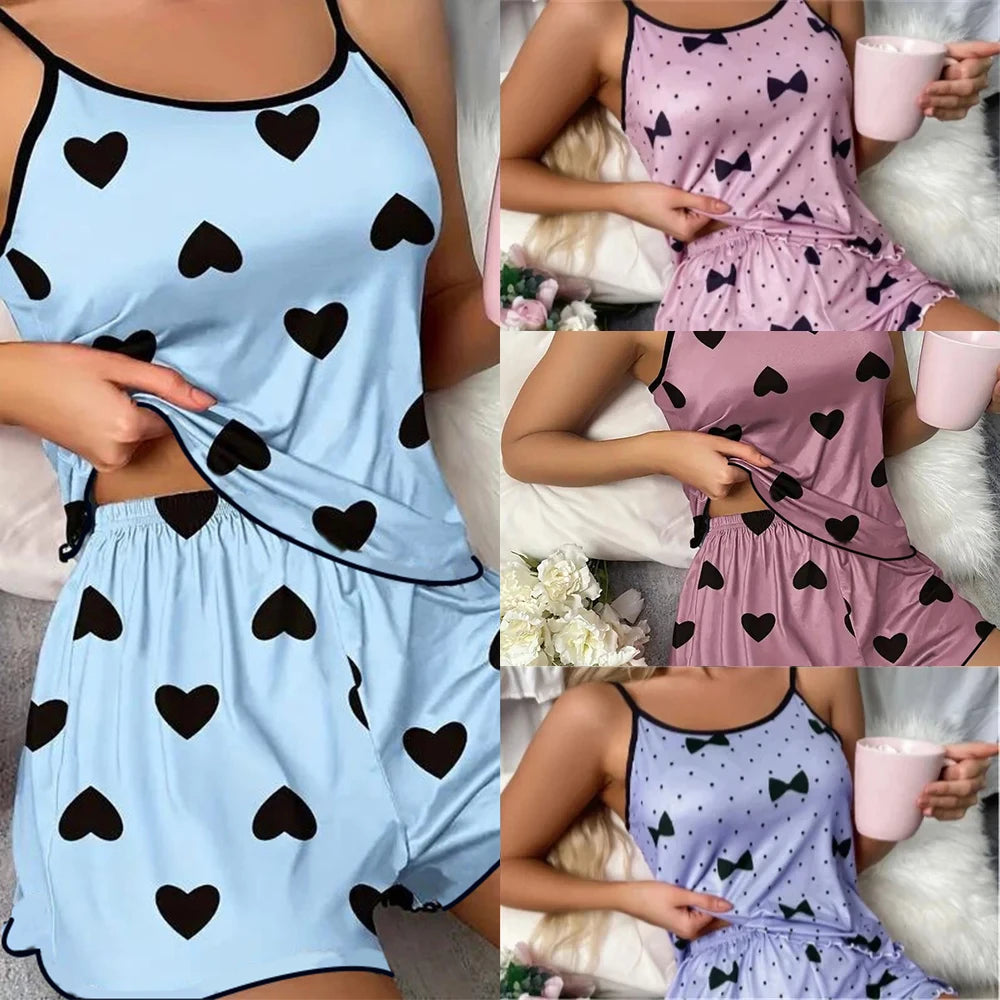 Women's Pink Heart Print Pajama Set Shorts Ice Silk