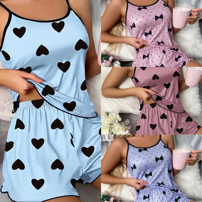 Women's Pink Heart Print Pajama Set Shorts Ice Silk