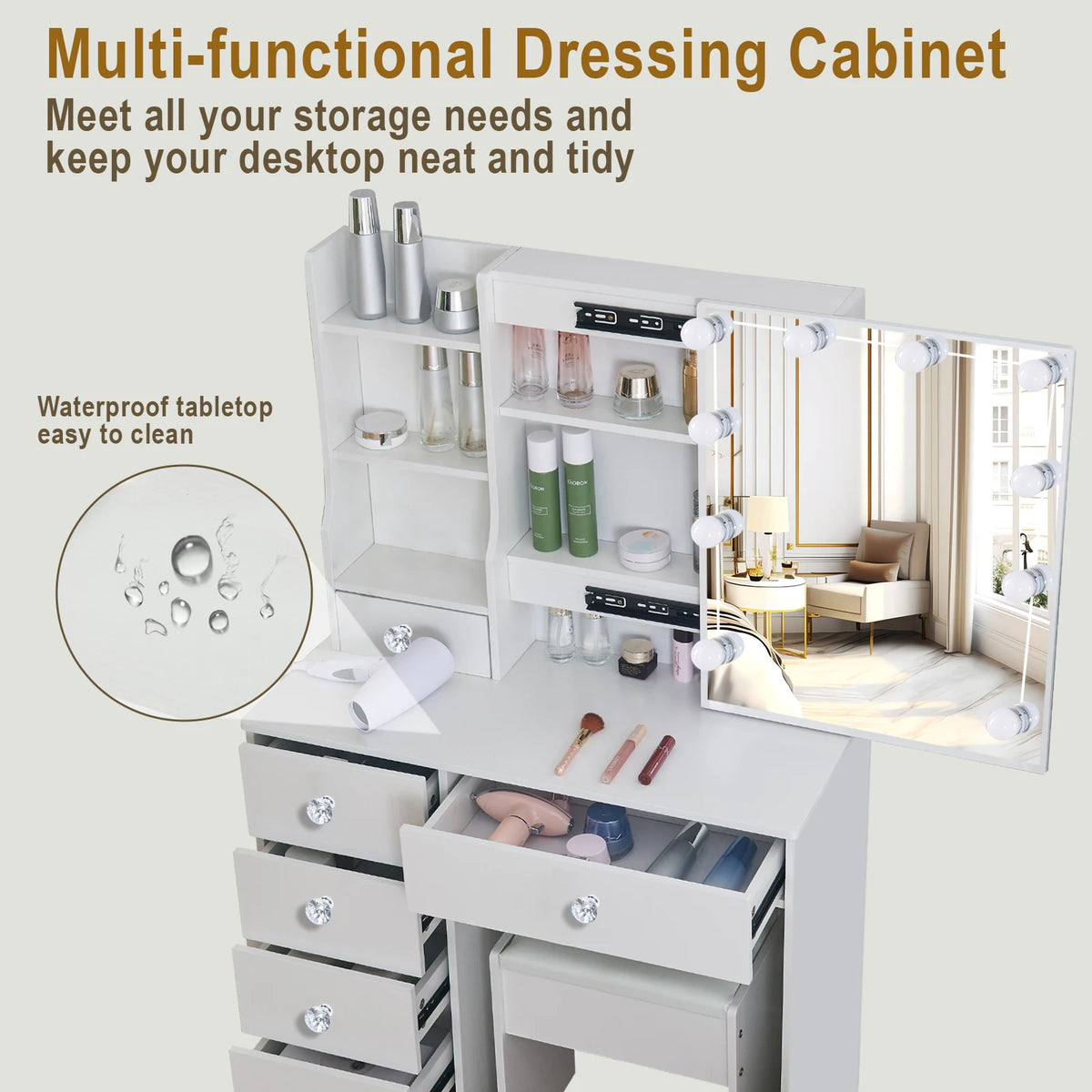 Teousev White LED Makeup Vanity Set with Stool