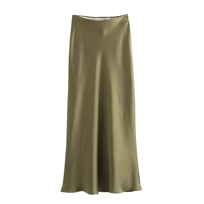 Vintage Satin Solid Long Skirt Women High Waist