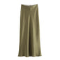 Vintage Satin Solid Long Skirt Women High Waist
