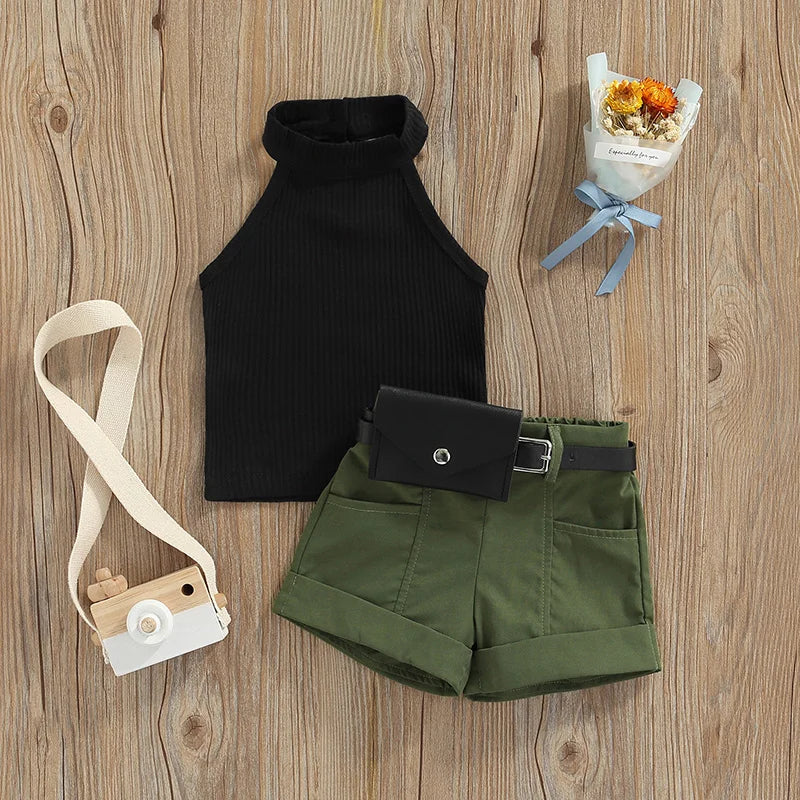 Girls 3PCS Summer Outfit Set with Sleeveless Tops and Shorts