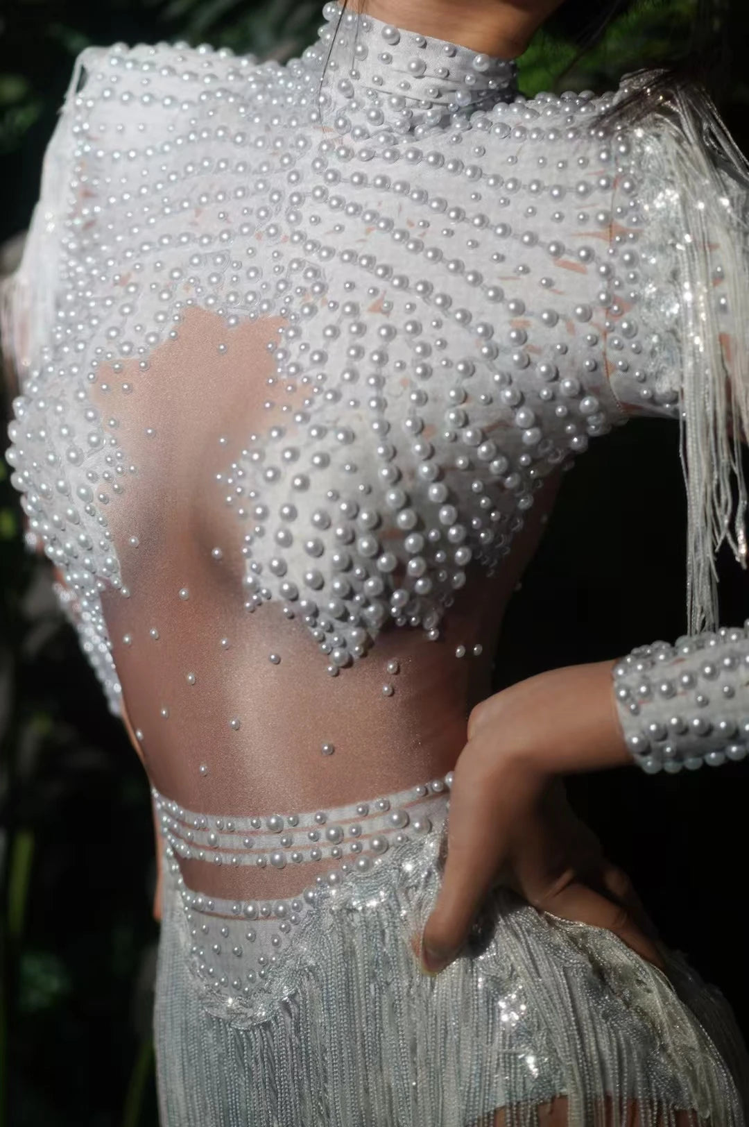 Rhinestone Tassel Elastic Bodysuit for Women