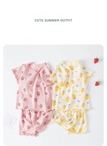 Girl Summer Pajama Sets Cartoon Pattern Ice Silk