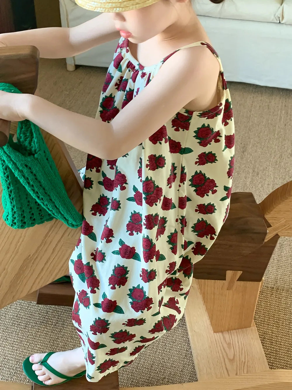 Sleeveless Beach Dress Printed Rose for Girls 4-6Y
