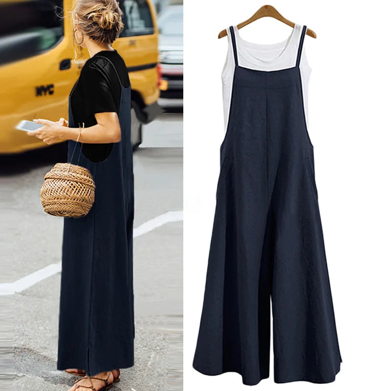 Women’s Cotton Linen Wide Leg Jumpsuit 5XL