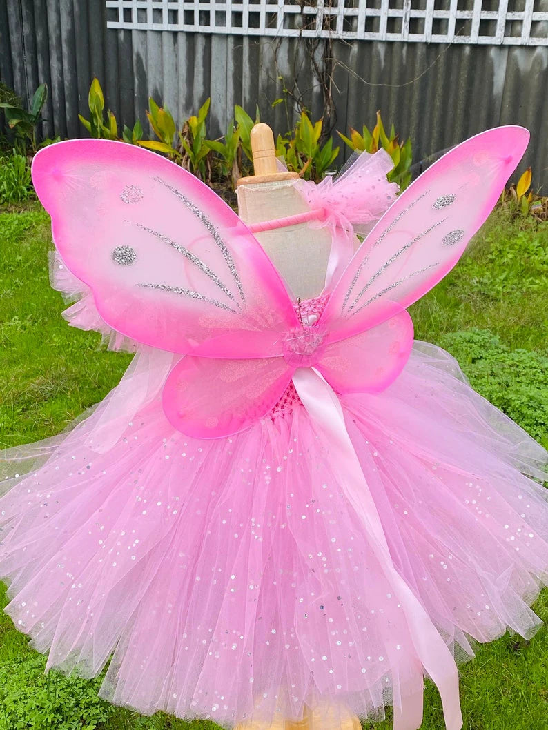 Girls Pink Glitter Tutu Dress with Wings and Hairbow