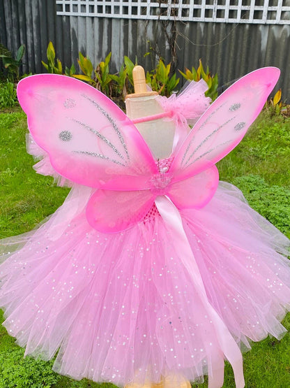 Girls Pink Glitter Tutu Dress with Wings and Hairbow