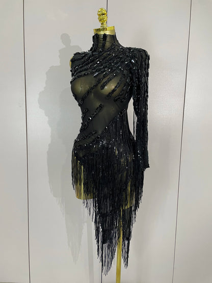 Sparkly Rhinestones One Shoulder See-Through Dress