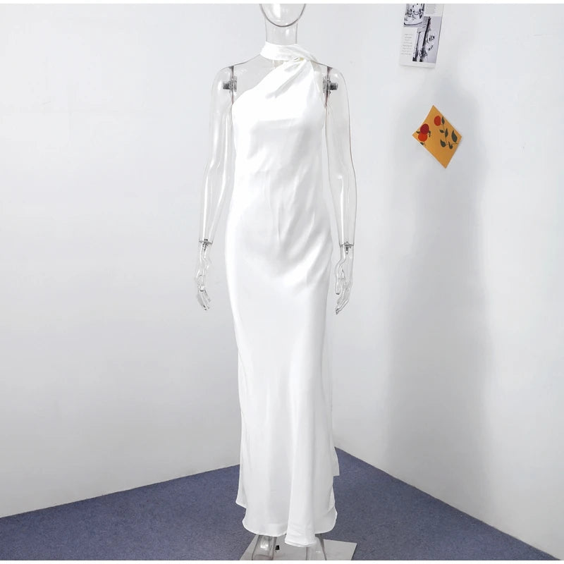 Elegant Halter Dress Women Solid Backless Maxi Dress