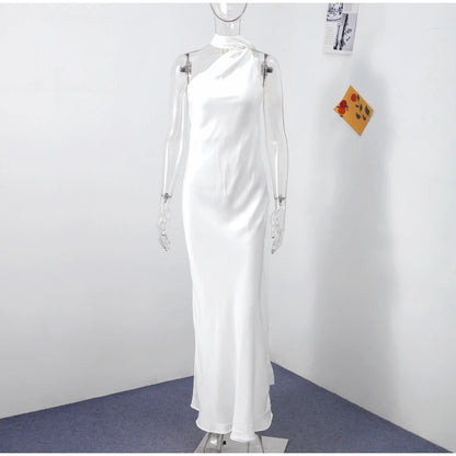 Elegant Halter Dress Women Solid Backless Maxi Dress
