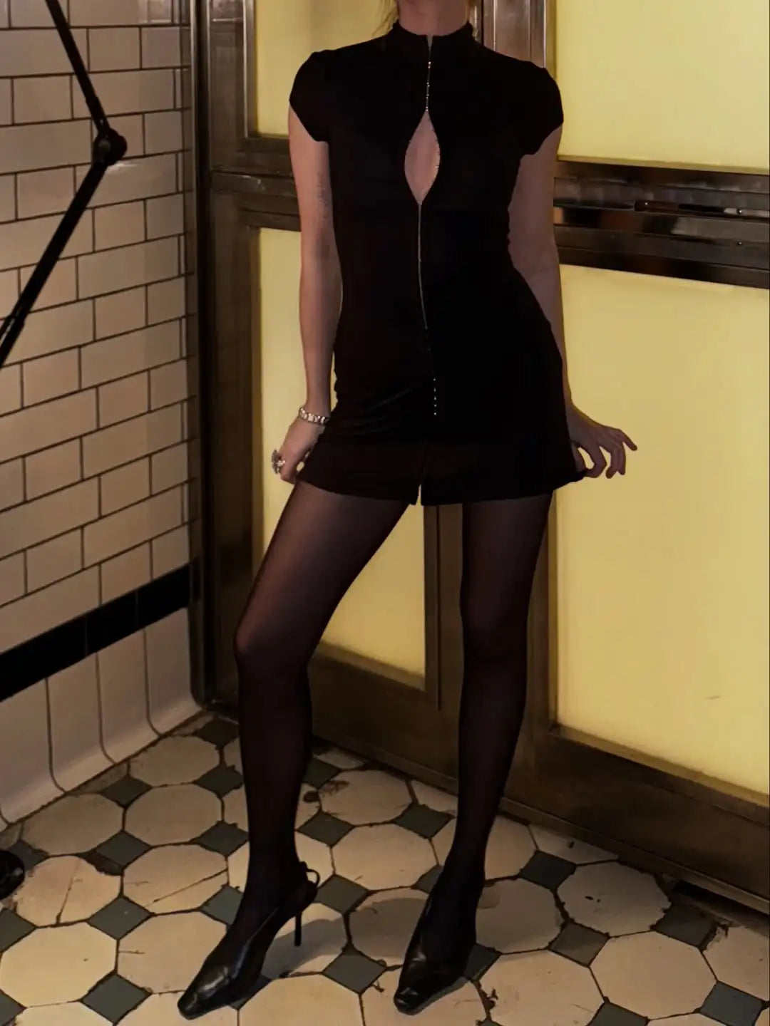 Kpop Black Hollow Out Mini Dress Women Elegant Turtleneck