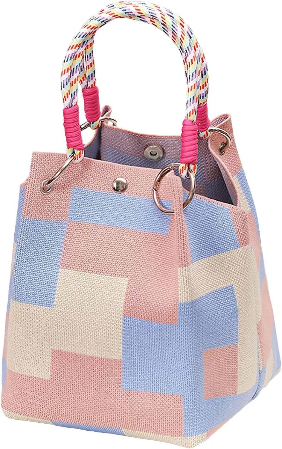 Mini Knitted Bucket Bag Women Colorblock Wristlet Purse