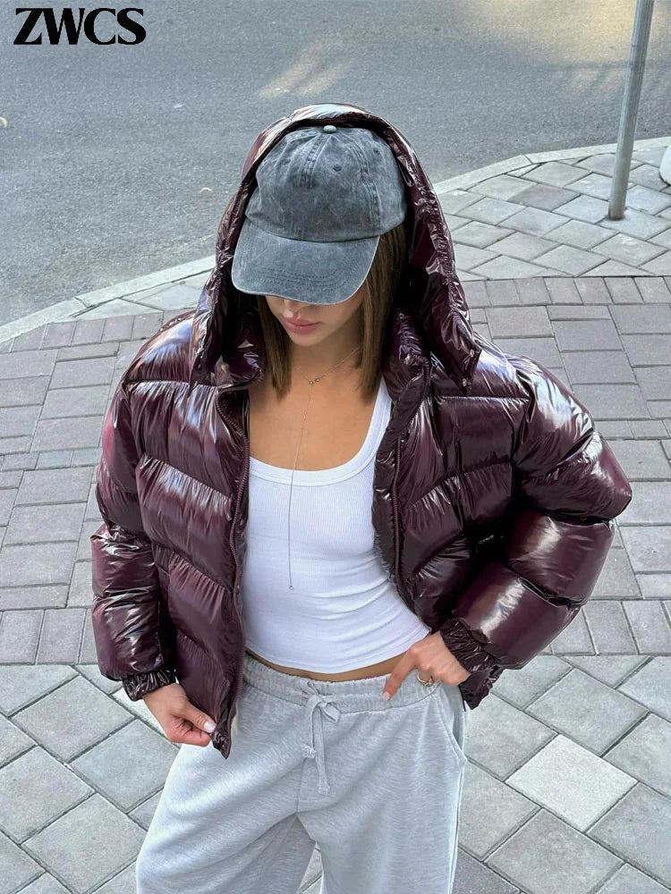 Solid Glossy Zipper Hooded Coat Women's Cotton Jacket